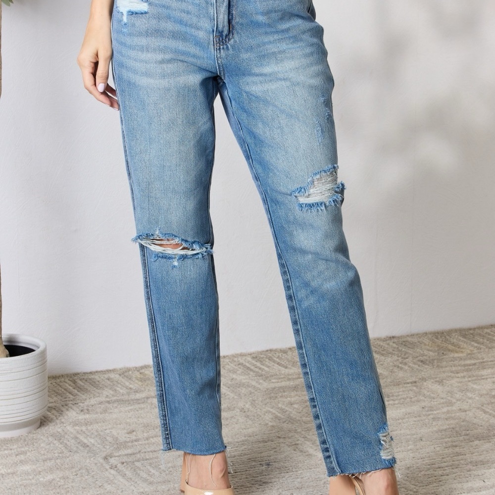 Judy Blue Distressed Raw Hem Straight Leg Denim